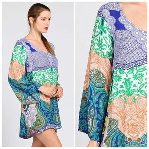 Boho Hippie Long Bell Sleeve Rainbow Paisley Dress